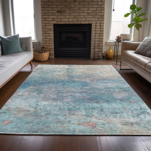 10' X 14' Aqua And Beige Abstract Washable Indoor Outdoor Area Rug - Aqua, Beige