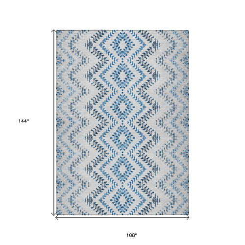 9' X 12' Navy Blue And Denim Blue Geometric Washable Indoor Outdoor Area Rug
