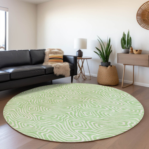 8' Mint Green And Ivory Round Abstract Washable Indoor Outdoor Area Rug - Mint Green, Ivory