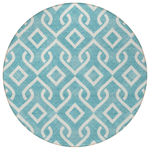 8' Teal Blue And Ivory Round Geometric Washable Indoor Outdoor Area Rug