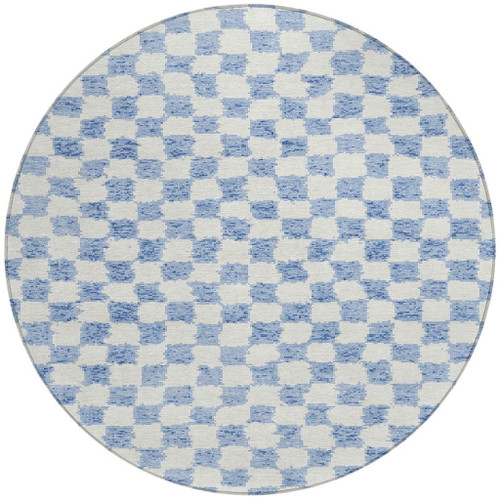 8' Sky Blue And Ivory Round Geometric Washable Indoor Outdoor Area Rug - Sky Blue, Ivory
