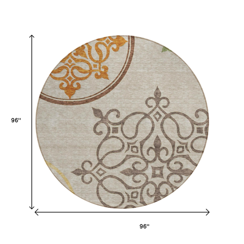 8' Taupe Copper And Green Round Floral Medallion Washable Indoor Outdoor Area Rug