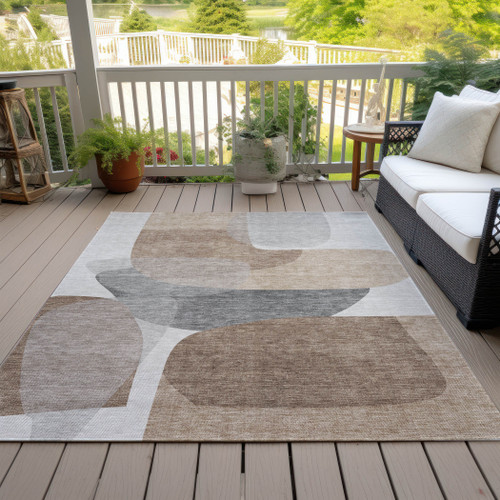 10' X 14' Brown And Gray Abstract Washable Indoor Outdoor Area Rug - Brown, Gray