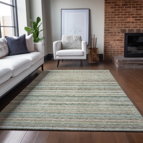 8' X 10' Sage Mint Green And Beige Striped Washable Indoor Outdoor Area Rug
