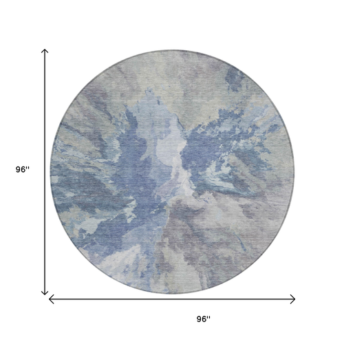8' Denim Blue And Linen Round Abstract Washable Indoor Outdoor Area Rug