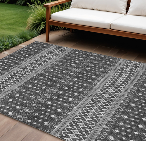 10' X 14' Gray Silver And Charcoal Tribal Washable Indoor Outdoor Area Rug