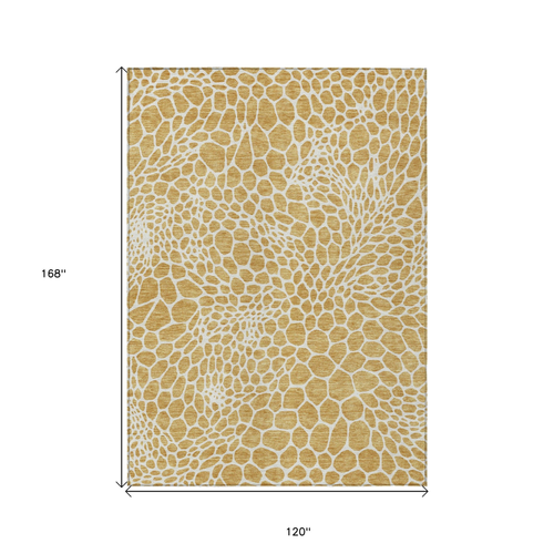 10' X 14' Gold And Ivory Geometric Washable Indoor Outdoor Area Rug
