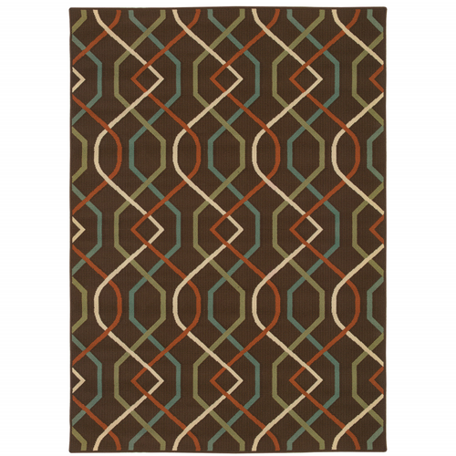 7' X 10' Brown and Ivory Geometric Stain Resistant Indoor Outdoor Area Rug