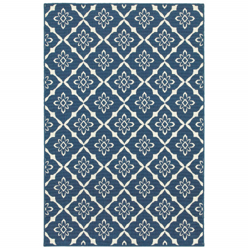 5' X 8' Navy Floral Stain Resistant Indoor Outdoor Area Rug