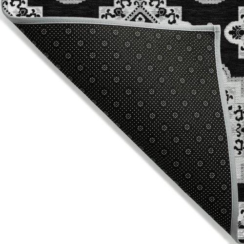 9' X 12' Black And Ivory Medallion Washable Indoor Outdoor Area Rug
