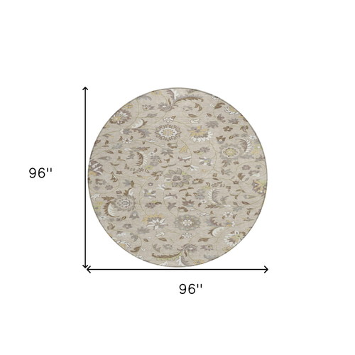 8' Beige Brown And Gray Round Floral Washable Indoor Outdoor Area Rug
