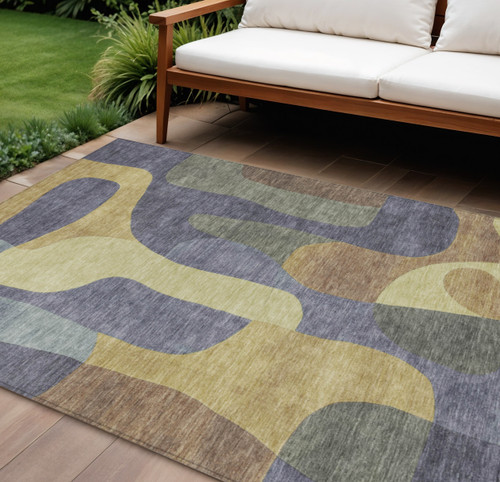 8' X 10' Purple And Gold Abstract Washable Indoor Outdoor Area Rug