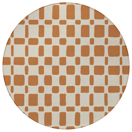 8' Terra Cotta And Beige Round Geometric Washable Indoor Outdoor Area Rug