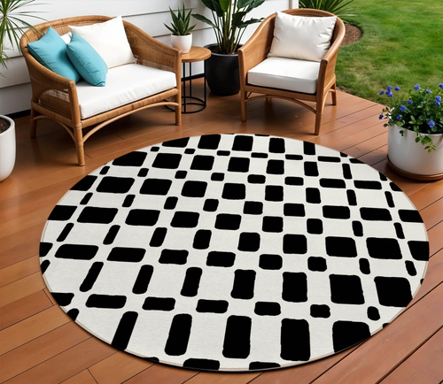8' Black And Ivory Round Geometric Washable Indoor Outdoor Area Rug