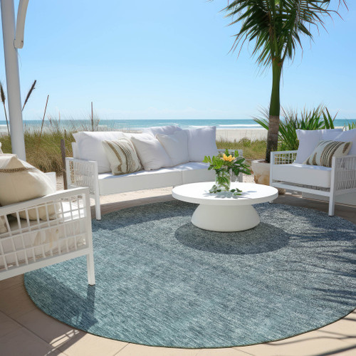 8' Teal Blue Gray And Charcoal Round Ombre Washable Indoor Outdoor Area Rug