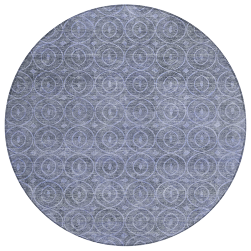 8' Denim Blue Round Geometric Washable Indoor Outdoor Area Rug