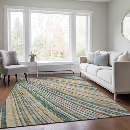8' X 10' Beige Gold And Sage Striped Washable Indoor Outdoor Area Rug