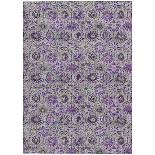 10' X 14' Purple And Gray Floral Washable Indoor Outdoor Area Rug - Purple, Gray