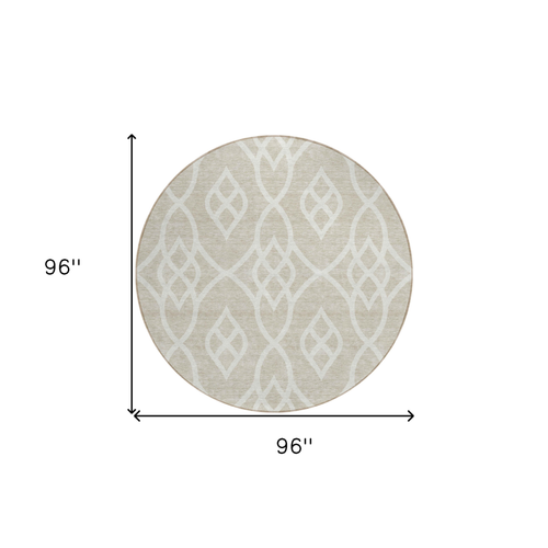 8' Beige And Ivory Round Trellis Washable Indoor Outdoor Area Rug