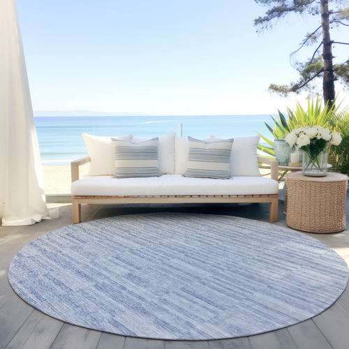 8' Sky Blue And Denim Blue Round Striped Washable Indoor Outdoor Area Rug