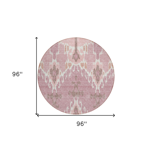 8' Blush Pink And Ivory Round Ikat Washable Indoor Outdoor Area Rug