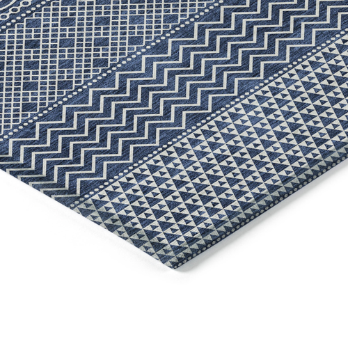 9' X 12' Navy Blue And Ivory Chevron Washable Indoor Outdoor Area Rug