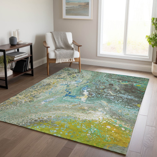 10' X 14' Teal Blue Lime Green And Green Abstract Washable Indoor Outdoor Area Rug