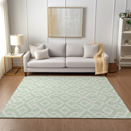 9' X 12' Mint Green And Ivory Geometric Washable Indoor Outdoor Area Rug
