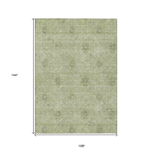 9' X 12' Sage And Artichoke Green Floral Washable Indoor Outdoor Area Rug