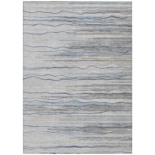 9' X 12' Gray Silver And Blue Striped Washable Indoor Outdoor Area Rug