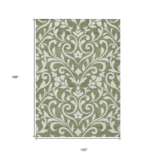 10' X 14' Fern Green And Ivory Floral Washable Indoor Outdoor Area Rug