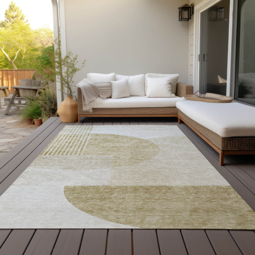 10' X 14' Brown Beige And Ivory Geometric Washable Indoor Outdoor Area Rug