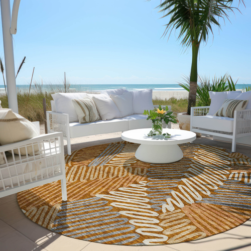 8' Orange Beige And Gray Round Floral Washable Indoor Outdoor Area Rug