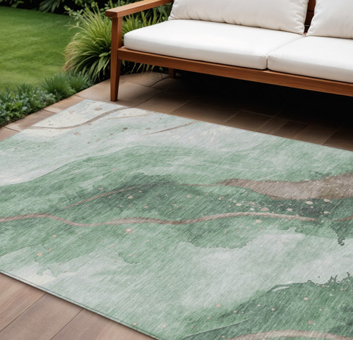 10' X 14' Green And Taupe Abstract Washable Indoor Outdoor Area Rug