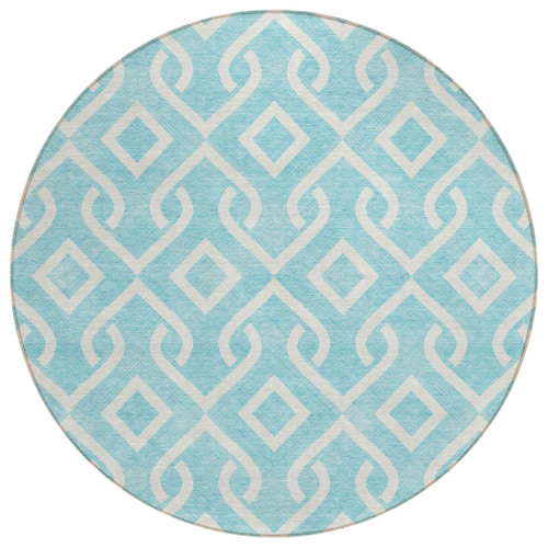 8' Aqua And Ivory Round Geometric Washable Indoor Outdoor Area Rug