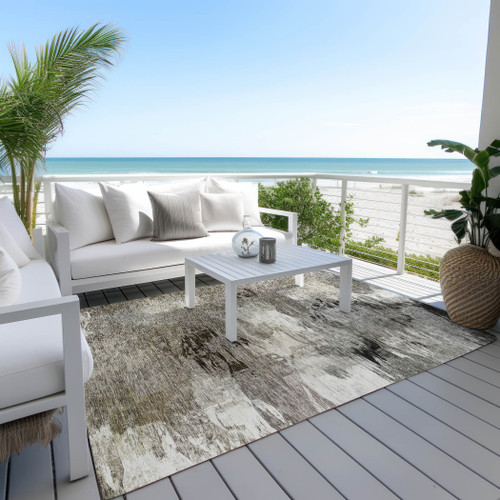 10' X 14' Taupe Beige And Ivory Abstract Washable Indoor Outdoor Area Rug