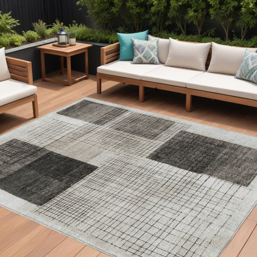 10' X 14' Ivory And Black Geometric Washable Indoor Outdoor Area Rug - Ivory, Black