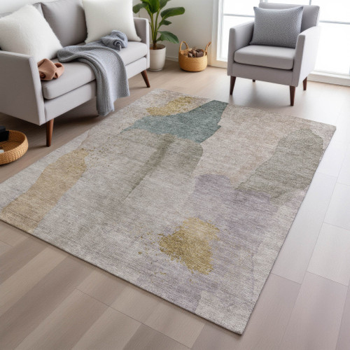 10' X 14' Beige And Taupe Abstract Washable Indoor Outdoor Area Rug - Beige, Taupe