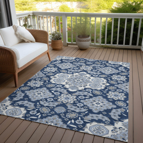 9' X 12' Blue Ivory And Gray Medallion Washable Indoor Outdoor Area Rug