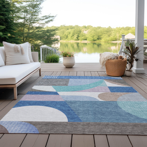 8' X 10' Sky Blue Teal Blue And Brown Geometric Washable Indoor Outdoor Area Rug
