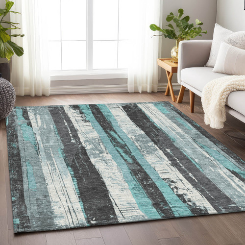 10' X 14' Teal Blue And Gray Striped Washable Indoor Outdoor Area Rug - Teal Blue, Gray