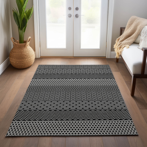 8' X 10' Black And Ivory Chevron Washable Indoor Outdoor Area Rug