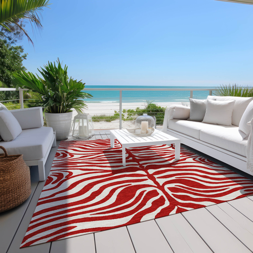 9' X 12' Red And Ivory Animal Print Washable Indoor Outdoor Area Rug