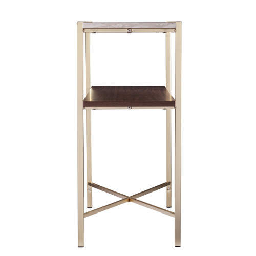 47" White Brass and Brown Faux Marble Console Table With Shelf