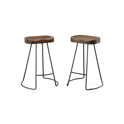 Set of Two 25" Chestnut And Black Steel Backless Counter Height Bar Chairs