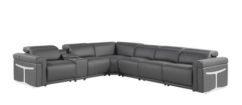 Gray Italian Leather Modular L Shaped Seven Piece Corner Sectional With Console