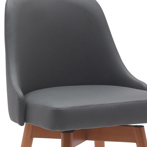 30" Gray and Wood Brown Faux Leather with Solid Wood Swivel Bar Height Bar Chair