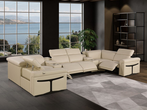 Beige Italian Leather Power Reclining U Shaped Eight Piece Sectional With Console