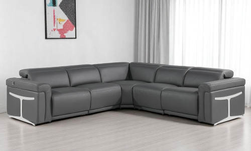 Gray Italian Leather Modular L Shaped Five Piece Corner Sectional