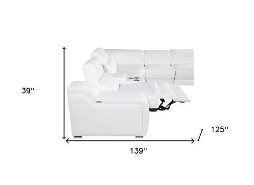 White Italian leather 4 power reclining seats L shaped Seven Piece Corner Sectional With Console